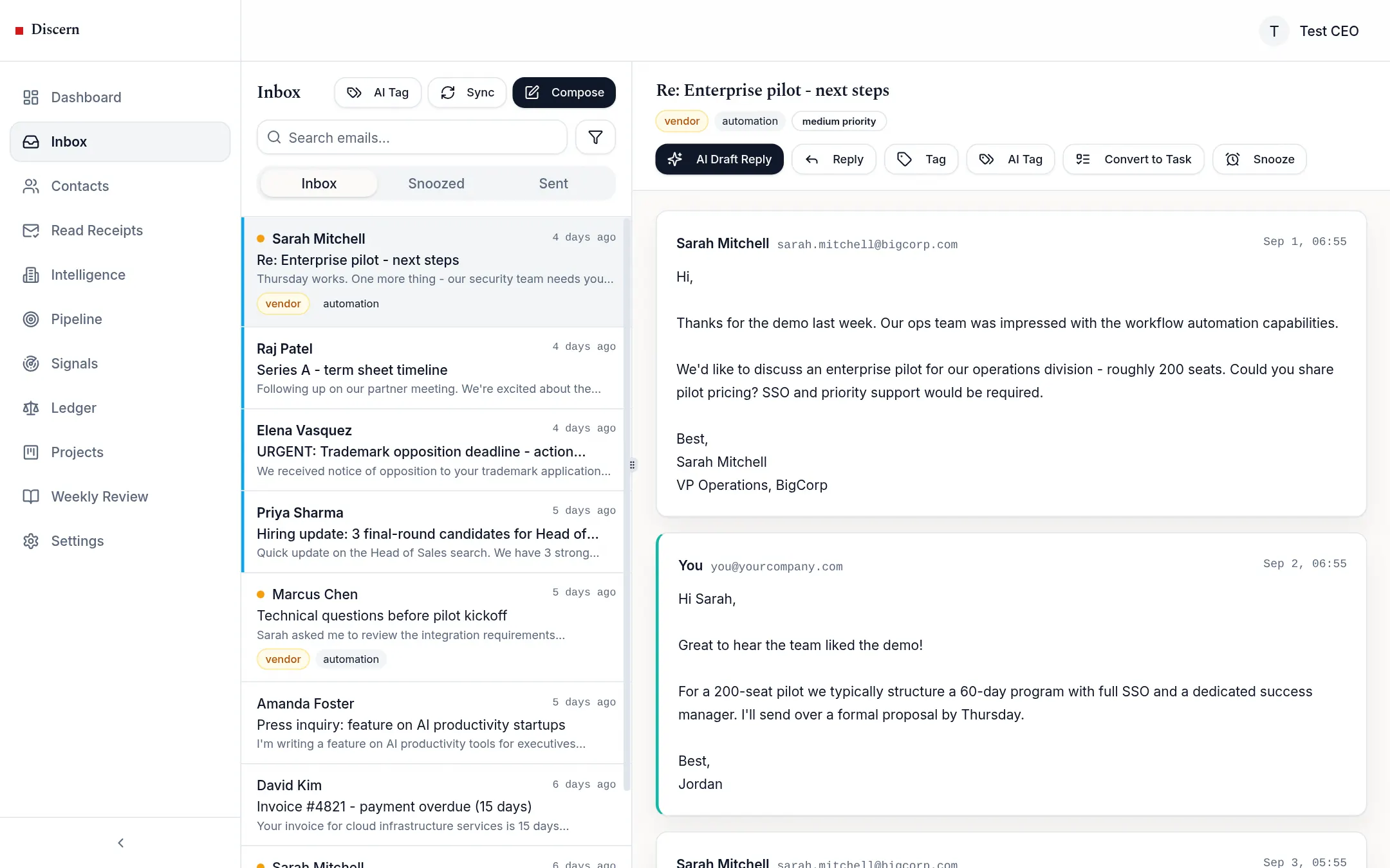 Discern inbox with a tagged thread open and AI draft reply actions