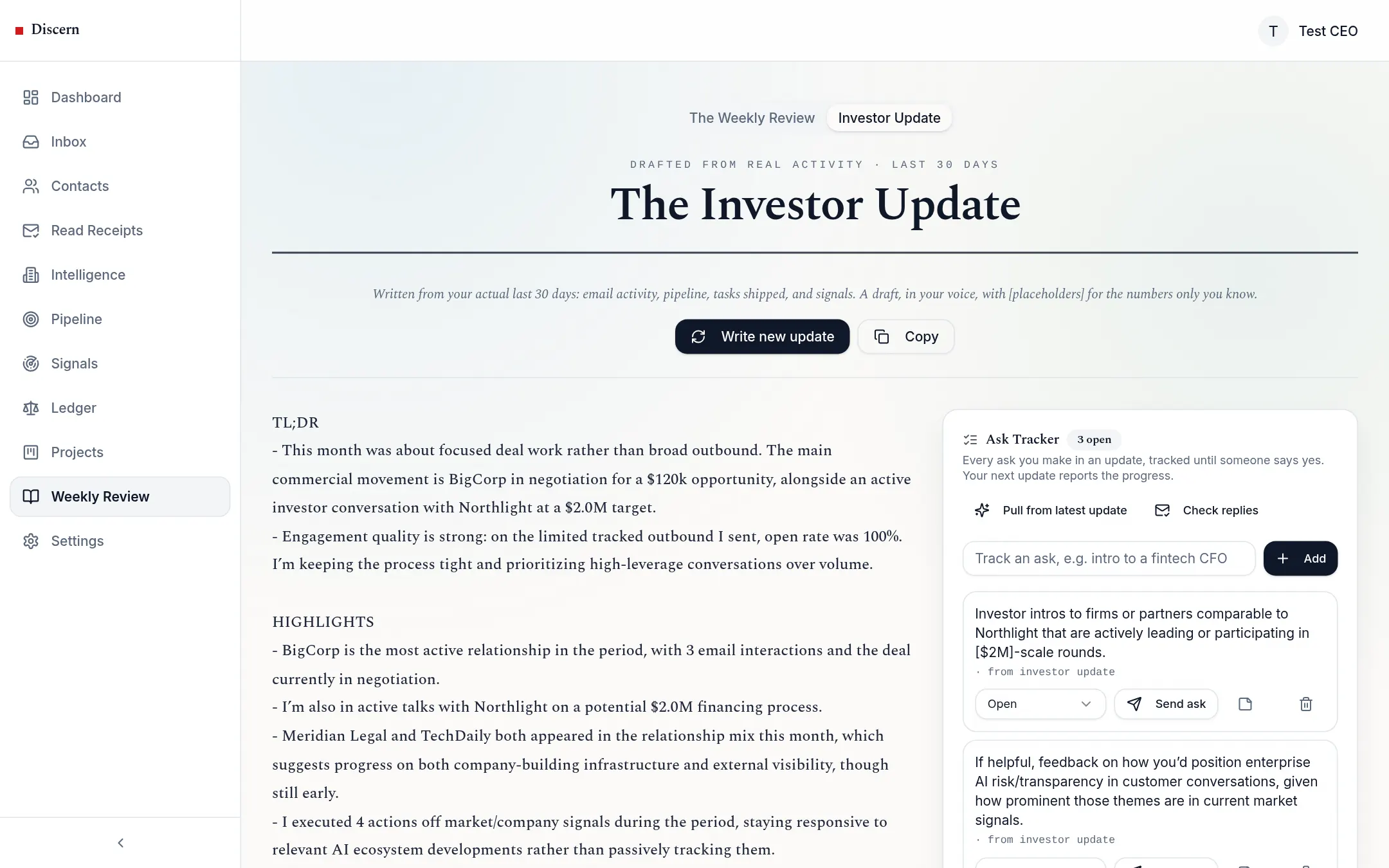 Discern investor update draft beside the Ask Tracker panel