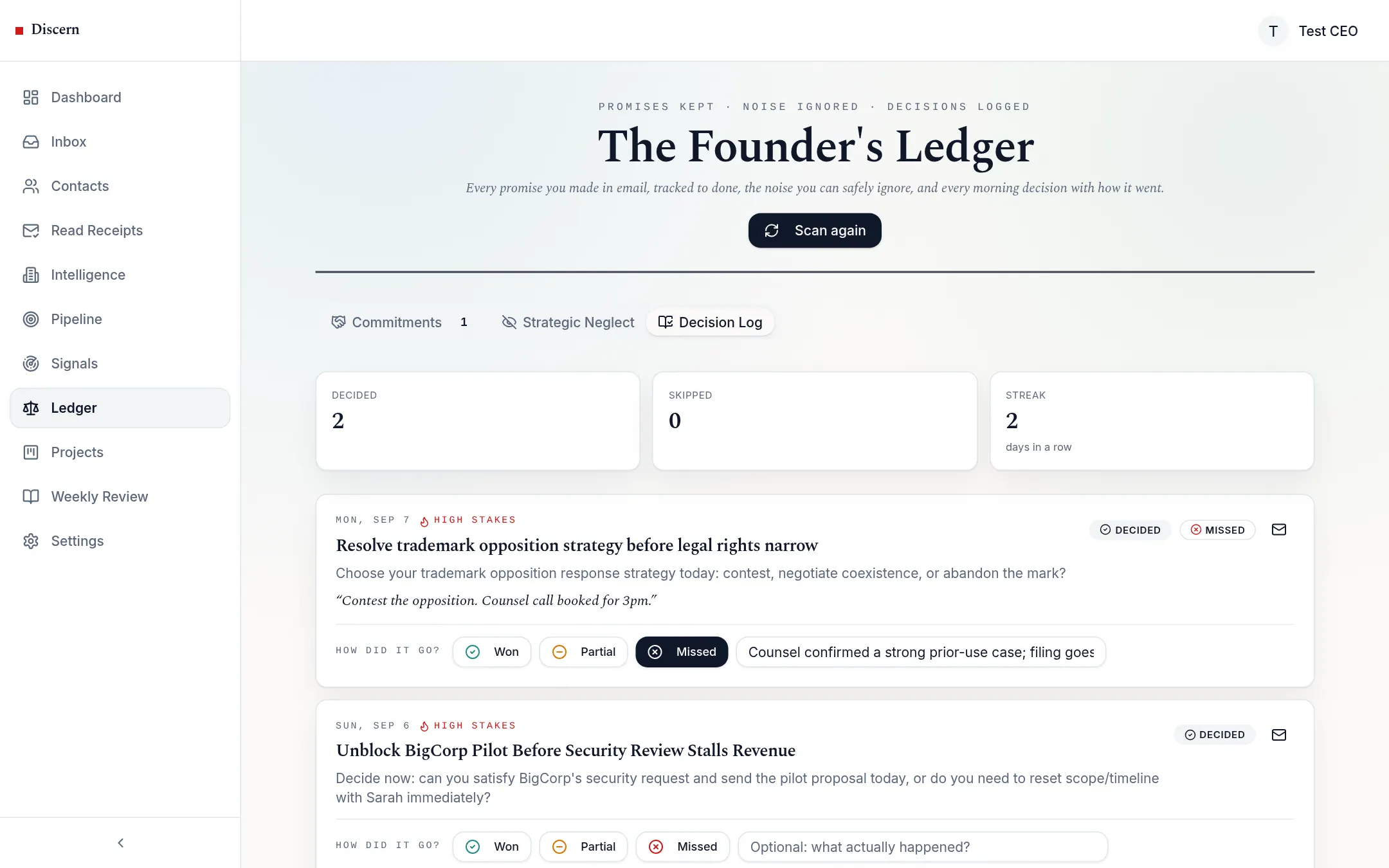 Discern Ledger showing the decision log with outcomes and streak